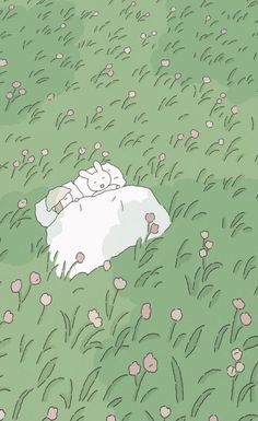 an illustration of two people laying in the grass with their heads on each other's shoulders