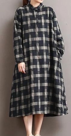 Long Sleeve Plaid Linen Cotton Women Dresses Summer Dress Spring Cotton Plaid Long Sleeve Dress, Spring Long Sleeve Cotton Plaid Dress, Spring Long Sleeve Plaid Cotton Dress, Casual Long Sleeve Plaid Dress For Summer, Casual Black Cotton Plaid Dress, Casual Black Plaid Cotton Dress, Casual Linen Plaid Dress, Black Plaid Cotton Dress For Spring, Spring Linen Plaid Dress