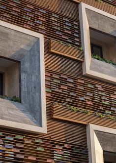 the side of a building that has wooden slats on it and plants growing in the windows