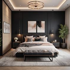 a large bed sitting in a bedroom next to two lamps on either side of it