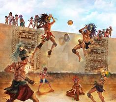 an artist's rendering of native americans playing basketball in front of a stone wall