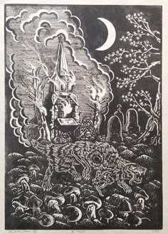 a black and white drawing of an old church in the woods with trees, moon and clouds