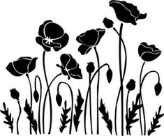 black and white silhouettes of flowers on a white background with the words,'poppies