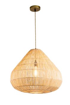 a large bamboo light fixture hanging from a ceiling mounted on a white wall with a gold colored metal frame