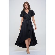 Our Satin Woven Georgia Faux Wrap Dress exudes a sophisticated and elegant feel. A faux wrap tie-waist detail and a hi-low hem that effortlessly flows with every movement. Pair it with a statement necklace and heels for a glamorous look. Prepare to turn heads at any event, from garden parties to evenings. Made in USA. Material - 100% Polyester. Machine washable. Woman Weaving, Garden Parties, Satin Color, Plus Size Maxi Dresses, Pattern Sweater, Black Wrap Dress, Satin Material, Faux Wrap Dress, High Low Hem