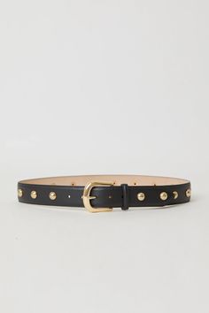 Kennedy Belt Moto leather studded belt. Color: black & gold Hip Belt Adjustment: 5 holes Strap Width: 1.5'' Buckle Height: 2.25'' Genuine Leather with Nubuck Lining Small: 33" | Medium: 35'' Luxury Black Leather Belt Buckles For Women, Luxury Leather Belt Buckles For Party, Belt For Belt Bacles, Gold Hip Belt, B Low The Belt, Hip Belt, Studded Belt, Gold Studs, Suspenders