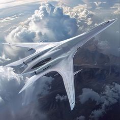 an artist's rendering of a futuristic airplane flying above the clouds and land below