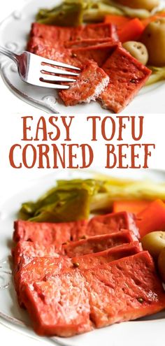 Tofu flavored like corned beef on a white plate with cabbage and potatoes. Vegetarian Corned Beef And Cabbage, Vegan Corned Beef And Cabbage, Vegan Corned Beef Tofu, Vegan Corn Beef And Cabbage, Tofu Corned Beef, Potato And Tofu Recipe, Tofu Potato Recipe, Vegan St Patricks Day Food, Vegan Beef Recipes