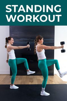 two women doing standing workouts with the words standing workout on it's side