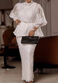 Olivia Mark - Sensual Lace Trimmed Long Sleeve Blouse and Flowy Skirt Set Robes White, Gowns Ankara, Maxi Skirt Formal, Formal Wear Women, African Traditional Dresses, Glamorous Dresses, African Dresses, African Dresses For Women, Evening Outfits