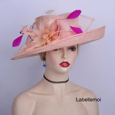 Large brim sinamay hat with one side up brim,feather flower &sinamay leaves It is made to order,the curled feather can be changed into other colors Brim width: about 13cm Head size: 57cm also with elastic to adjust it to be smaller Ideal for wedding/party/races/church It is handmade product and every hat is well inspected before shipment,no return accepted.But please do contact us if you have any problems on your order.Thanks for your supports. Pink Ostrich Feather Fascinator, Fitted Pink Fascinator With Feather Trim, Fitted Pink Mini Hat With Feather Trim, Spring Wedding Mini Hat With Feather Trim, Summer Evening Fascinator With Ostrich Feathers, Elegant Pink Ostrich Feather Fascinator, Spring Party Hat With Ostrich Feathers, Wedding Fascinator With Ostrich Feathers, Pink Sinamay Fascinator For Church