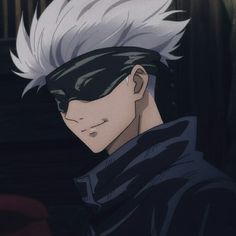 an anime character with white hair and black eyes looking at something in front of him