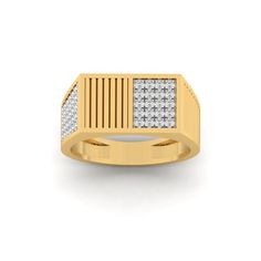 a gold ring with two rows of diamonds on the front and sides, set in 18k yellow gold