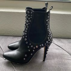 Good Condition. Please Check Pics Before Purchase Black Embellished Boots With Round Toe, Black Leather Embellished Heels, Embellished Black Leather Heels, Leather Ankle-high Boots With Rhinestones, Leather Rhinestone Ankle-high Boots, Embellished Black Ankle-high Boots, Ankle-high Leather Boots With Rhinestones, Black Leather Heels With Rhinestones, Black Rhinestone Boots With Round Toe