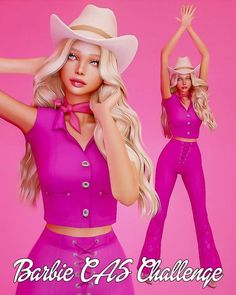 a woman in a pink outfit and cowboy hat poses for the camera with her hands behind her head