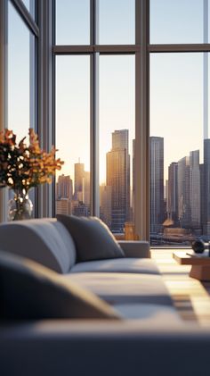 a living room filled with furniture and large windows overlooking the cityscape at sunset