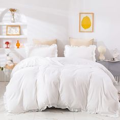 PRICES MAY VARY. 【High Material】: Our this white ruffles comforter set is high quality cotton out fabric with soft ultra microfiber inner fill. Super soft, durable, breathable. 【3Pcs White Ruffles Comforter Sets Full】: 1 x full comforter ( 80" x 90") + 2 x standard pillowcases ( 20" x 26"). 【Ruffles Design】: Our white ruffles boho comforter sets is solid white and ruffles stitched, add a hint of elegance to any color scheme or aesthetic. This shabby chic comforter can easily match all your room Bedding Comforter Sets, Bedding Comforter, White Comforter, White Bedding, Comforter Set, Plain White, Comforter Sets, Ruffles, Shabby Chic