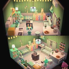 two pictures of the same room in animal crossing