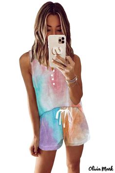 Olivia Mark - Multicolor Tie-Dye Knitted Sleeveless Shorts Pajama Set Button Tank Top, Leopard Pajamas, Shorts Pajamas, Top With Shorts, Shorts Pajama Set, Summer Tie Dye, Womens Pjs, Plus Size Sleepwear, Short Tank Top