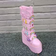 The Yru Dune Rainbow In Pastel Pink Is A Calf High Platform Boot With A 2.75" Platform, 6" Heel, And Convenient Back Zipper With Adjustable Straps In The Front. #Yru #Yrudunerainbow #Dunerainbow Rainbow Platform Heels With Round Toe, Rainbow Round Toe Platform Heels, Pink Platform Boots For Summer, Summer Pink Platform Boots, Multicolor Platform Boots With Synthetic Material, Multicolor Synthetic Platform Boots, Candycore Outfits, Pastel Platforms, Pastel Platform Boots