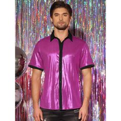 Check out this stunning Shiny Design Color Block Collared Short Sleeves Button Down Closure Nightclub shirt! The sparkling disco button-down shirt is designed to show off your figure and make your style stand out. It's the perfect choice for a night out at a club, a lively party, or a dazzling dancing performance. You can elevate your look by pairing this shiny shirt with faux leather pants and a metallic coat for a touch of glamour. Purple Summer Tops For Club, Purple Club Tops For Summer, Fitted Short Sleeve Shirt For Party Season, Fitted Top With Button Closure For Party, Disco Style Shirt For Night Out In Summer, Disco Style Short Sleeve Summer Shirt, Summer Disco Shirt For Night Out, Disco Style Summer Shirt For Night Out, Summer Disco Style Short Sleeve Shirt