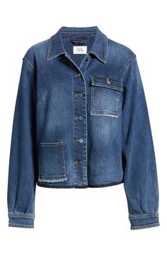 An oversized silhouette means laid-back cool in this modern denim jacket featuring a released frayed hem for deconstructed detail. 21" length Spread collar Unlined 95% cotton, 4% polyester, 1% spandex Machine wash, tumble dry Imported Medium Wash Denim Top With Frayed Hem For Fall, Fall Denim Top With Frayed Hem In Medium Wash, Fall Medium Wash Denim Top With Frayed Hem, Washed Blue Denim Jacket With Patch Pockets For Fall, Fall Medium Wash Recycled Denim Jacket, Washed Blue Denim Top With Frayed Hem For Fall, Trendy Medium Wash Relaxed Fit Utility Jacket, Relaxed Fit Dark Wash Denim Top With Frayed Hem, Blue Cotton Denim Jacket With Frayed Hem