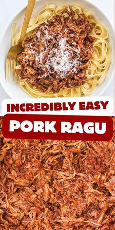 the ingredients to make pork ragu are shown in this collage with text overlay