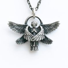 Vintage Silver Color Angel Pendant Handmade Seraphim Pray Pendant Men Women Anniversary Jewelry Gifts. 1. Metal Type: Metal 2. Metal Color: Silver   3. Item Type:  Pendants 4. Shape\pattern: Angel Shipping time:(For reference only) To :USA: 1-3 WEEKS. To :EUROPION UNION: 1-3 WEEKS. To: OTHER PLACE: 2-4 WEEKS. Ali D'angelo, Angel Pendant Necklace, Necklace Combo, Mens Sterling Silver Necklace, Necklace Packaging, Angel Jewelry, Angel Necklace, Angel Pendant, Wing Necklace