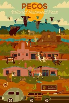 an illustrated poster for pecos national historical park, with people and animals in the background