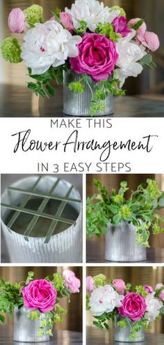 the steps to make this flower arrangement in 3 easy steps are shown with pink and white flowers