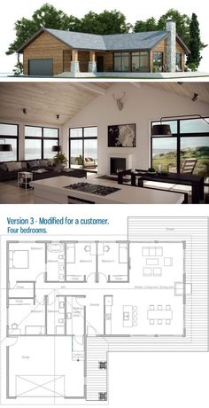 the floor plan for a modern house with two levels and three bedroom, one living area