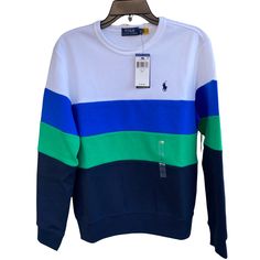 Sweatshirt/ Long Sleeve T-Shirt ~Recent Tag ~Colorblock With Cool Color Combination ~ Iconic Ralph Lauren Logo ~Msrp $138 Please See All The Pictures For Details And Measurements. Stored In A Pet And Smoke Free Place. Sporty Blue Patchwork Tops, White Cotton Sweatshirt With Contrast Stripes, Green Crew Neck Sweater With Contrast Color, Blue Patchwork Crew Neck Sweater, Casual Blue Sweater With Contrast Stripes, Casual Blue Color Block Sweater, Blue Color Block Long Sleeve Sweatshirt, White Crew Neck Sweater With Contrast Stripes, Sporty Multicolor Color Block Sweater