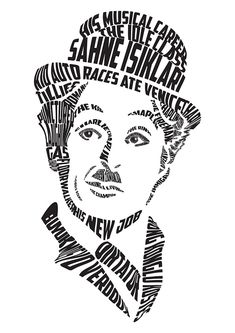 a black and white drawing of a man's face with words all over it