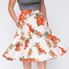 Agnes & Dora Xl Midi Skirt Botanical Beauty In Orange On Beige Nwt In Original Dust Bag Size - Xl You Will Fall In Love With The Fit And Flow Of This Skirt. It's A Perfect For A Night Out, Or Chasing The Kids Around The House. - Rayon/Spandex - High Waisted Fit - Flirty Fabric Drape - Pockets - Below The Knee - Made In The Usa Xs-0-2 S -4-6 M-8-10 L-12-14 Xl-16-18 Xxl-18-22+ Feel Free To Contact Me Anytime If I Can Answer Any Additional/More Specific Questions Regarding Sizing Of Specific Items Orange Flared Skirt For Spring, Spring Orange Skirt For A Day Out, Orange Skirt For Spring Day Out, Chic Orange Skirt For Spring, Chic Orange Floral Print Skirt, Chic Orange Spring Skirt, Fitted Orange Midi Skirt, Chic Knee-length Orange Skirt, Flowy Orange Skirt For Day Out