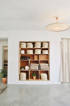 a shelf filled with plates and bowls next to a potted plant in a living room