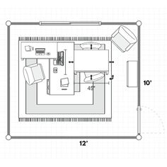 a drawing of a living room with furniture and floor plans on the wall above it