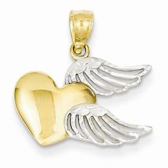 Metal: 14k Yellow & RhodiumLength:19 mmWidth:18 mmFinish: Diamond-cut, Polished, rhodiumFree U.S. Shipping for orders over $99 Protected by our 30-Day Risk Free Returns! Heart Wings, Wings Pendant, Dolphin Jewelry, Fine Gold Necklace, Heart With Wings, Heart Pendant Gold, Platinum Jewelry, Rose Gold Jewelry, Gold Brass