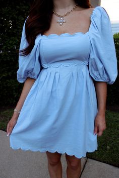 Blue puff sleeve mini dress with scallop edged detail. Cocktail Dress Formal, Puff Sleeve Mini Dress, Shoes Sandals Heels, Summer Bikinis, Boot Accessories, Romper Pants, Mini Dress With Sleeves, Medium Blue, Graduation Dress