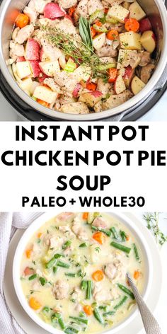 instant pot chicken pot pie soup in a white bowl with a spoon and the recipe below