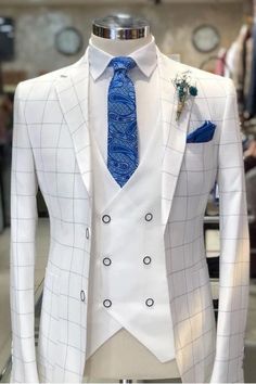 Ramsey Chic White Notched Lapel Three Pieces Plaid Business Suits Wearing Outfits, Checkered Suit, Stylish Mens Suits, Wedding Tuxedo, Classy Suits, Pattern Wedding, Designer Suits For Men, Bespoke Suit, Party Suits