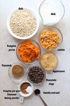 the ingredients to make pumpkin oatmeal are shown in bowls