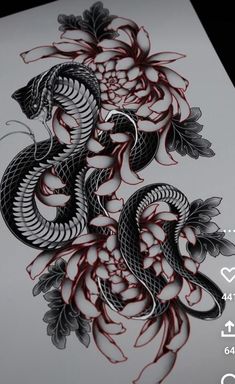 a drawing of a dragon and flowers on white paper with red ink in the middle