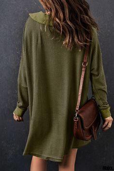 Majxx - Long Sleeve Knit Top Featuring Green Color and Button Trim Khaki Knit Tops For Fall, Winter Khaki Top With Button Closure, Khaki Winter Top With Button Closure, Casual Button-up Ribbed Sweater, Winter Casual Waffle Knit Cardigan, Long Sleeve Waffle Knit Cardigan, Casual Winter Waffle Knit Cardigan, Casual Crew Neck Cardigan With Buttons, Casual Waffle Knit Cardigan For Winter