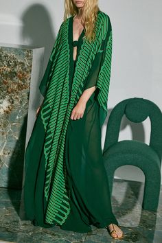 JOHANNA ORTIZ-Tejiendo El Tropico Dress- Green Kaftan, Rock In Roll, Jungle Dress, Party Dress Codes, Colombian Fashion, Silk Caftan, Loungewear Dress, Dubai Abaya, Kaftan Style