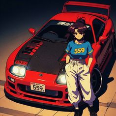 an anime character standing next to a red car