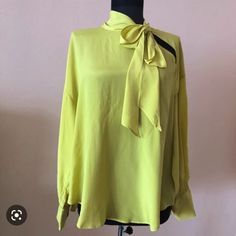 Nwt, Silk/Acetate/Nylon Blend With Gold Button Detail. Stock Image Shows A Slight Neon Hue. True Color Is Light Chartreuse. *Please Note Images May Vary Due To Lighting &/Or Flash. Trendy Evening Blouse In Solid Color, Elegant Green Zara Blouse, Spring Evening Tops With Tie Neck, Spring Evening Tie Neck Tops, Trendy Formal Blouse For Spring, Spring Tie Neck Tops For Evening, Tie Neck Tops For Spring Evenings, Spring Party Tie Neck Blouse, Chic Green Silk Blouse