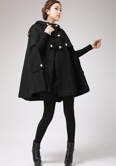 Black Cape winter hooded coat women cape coat 698 by xiaolizi Black Cape Outerwear For Fall, Oversized Black Winter Cape, Oversized Black Cape For Cold Weather, Black Hooded Wool Coat For Winter, Black Hooded Cape For Fall, Hooded Black Cape For Fall, Black Cape For Cold Weather In Fall, Oversized Winter Cape, Winter Poncho With Cape Sleeves