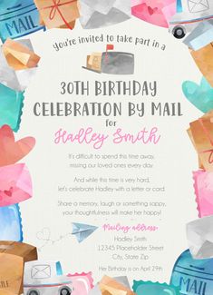 a birthday party card with envelopes and gifts