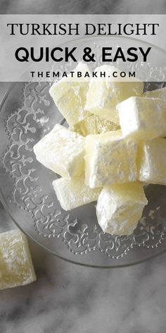 chunks of tofu on a plate with text overlay that reads turkish delight quick and easy