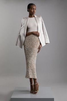 Textured Sequin Midaxi Skirt | Karen Millen Chic Sequin Outfit, Beige And Gold Outfit, Sequin Skirt White Button Down, Gold Skirt Outfit Ideas, Gold Sparkle Skirt Outfit, Gold Midi Skirt Outfits, Gold Christmas Outfit, Sequin Skirt Outfit Dressy, Sequin Midi Skirt Outfit